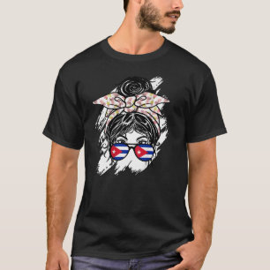 Cuba Messy Bun With Bandana Cuban Flag Sunglasses T-Shirt