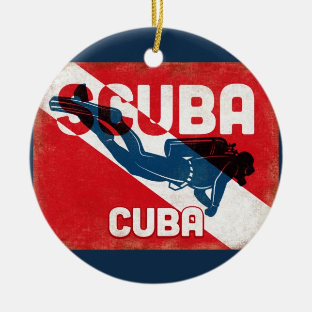 Cuba Scuba Diver - Blue Retro Ceramic Tree Decoration (Front)