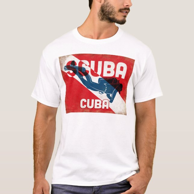 Cuba Scuba Diver - Blue Retro T-Shirt (Front)