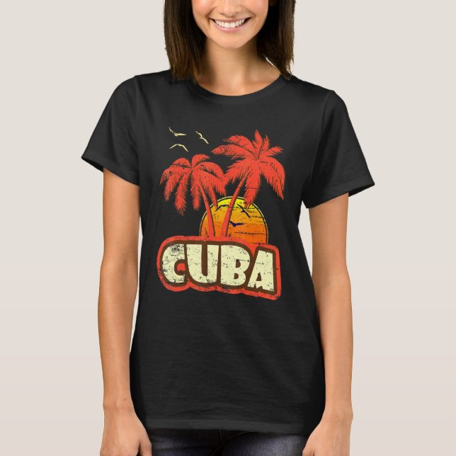 Cuba Summer Palm Trees 80s Beach Sunset T-Shirt (Front)