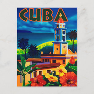 Cuba, tropic isle, city tower, vintage, travel postcard