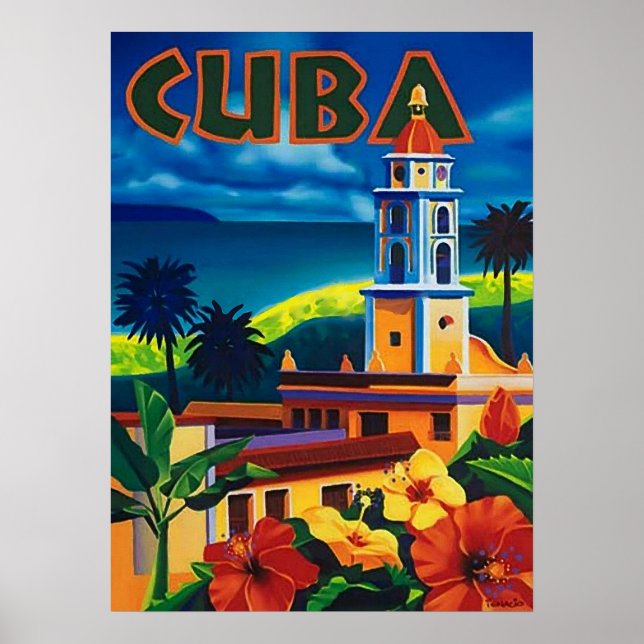 Cuba, tropic isle, city tower, vintage, travel poster (Front)