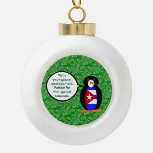 Cuban Flag Holiday Ms. Penguin Talking Ceramic Ball Christmas Ornament