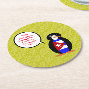 Cuban Flag Holiday Ms. Penguin Talking Round Paper Coaster