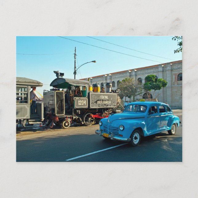 Cuban steam and car postcard (Front)