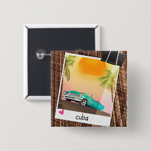 Cuban vintage car photo travel poster. 15 cm square badge