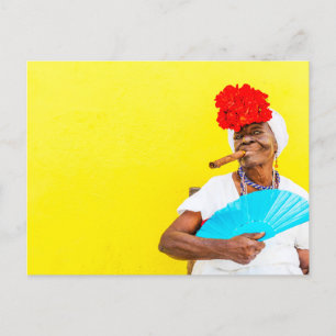 Cuban Woman Smoking A Cigar, Yellow Background Postcard