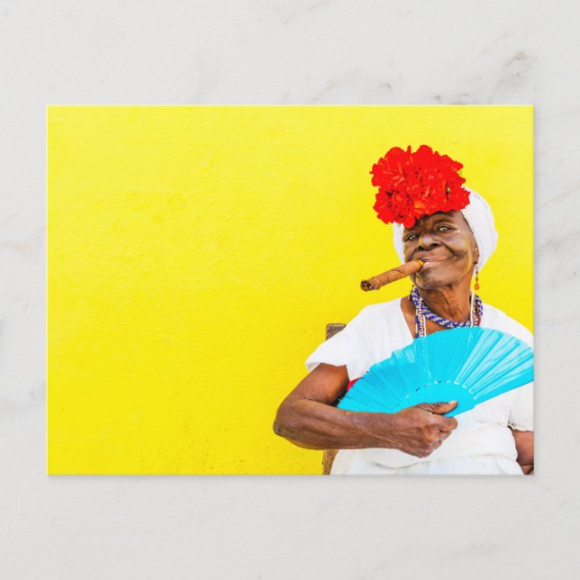 Cuban Woman Smoking A Cigar, Yellow Background Postcard (Front)