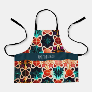 Cubic Flowers Red Floral Retro Pattern Apron