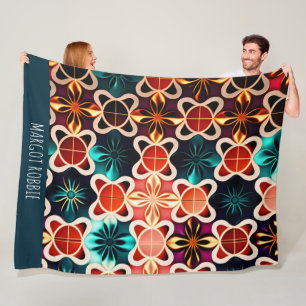 Cubic Flowers Red Floral Retro Pattern Fleece Blanket