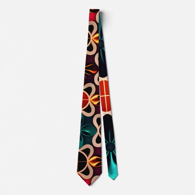 Cubic Flowers Red Floral Retro Pattern Tie (Front)