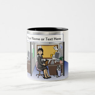 Cubicle Office Worker - Female Cartoon Two-Tone Coffee Mug