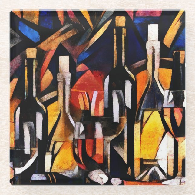 Cubism Wine Themes: Bottles & Grapes Glass Coaster (Front)