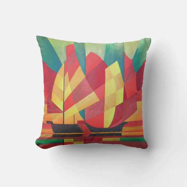 Cubist Abstract of Junk Sails and Ocean Skies Cushion (Front)