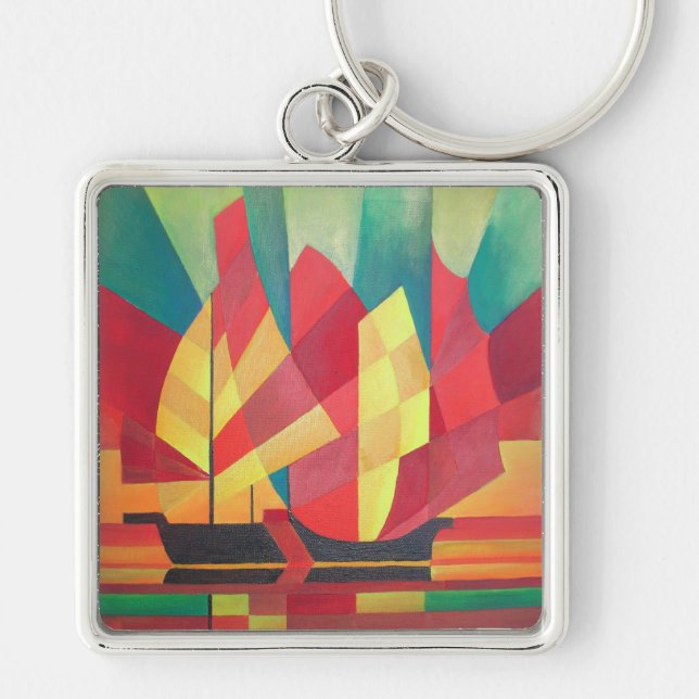 Cubist Abstract of Junk Sails and Ocean Skies Key Ring (Front)