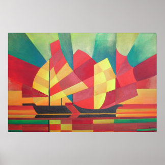 Cubist Abstract of Junk Sails and Ocean Skies Poster