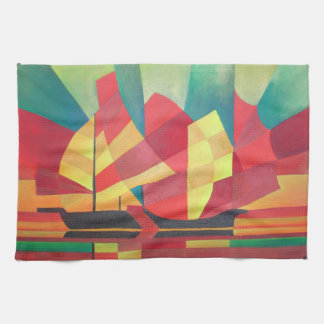 Cubist Abstract of Junk Sails and Ocean Skies Tea Towel