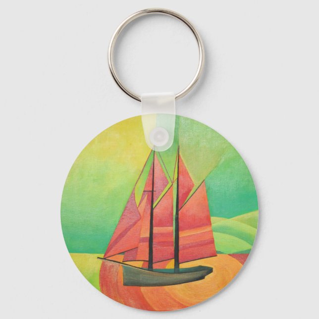 Cubist Abstract Sailing Boat Geometric Art Key Ring (Front)