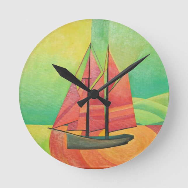Cubist Abstract Sailing Boat Geometric Art Round Clock (Front)