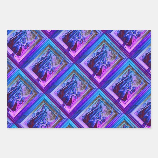 Cubist Art Deco Belly Dancer in Purple & Blue Wrapping Paper Sheet (Front 3)