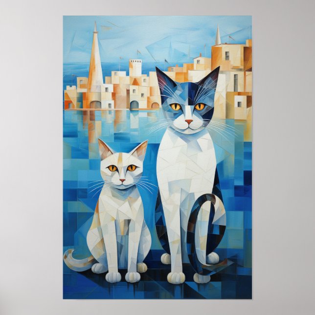 Cubist Blue Cats: Mediterranean Seascape Art Poster (Front)