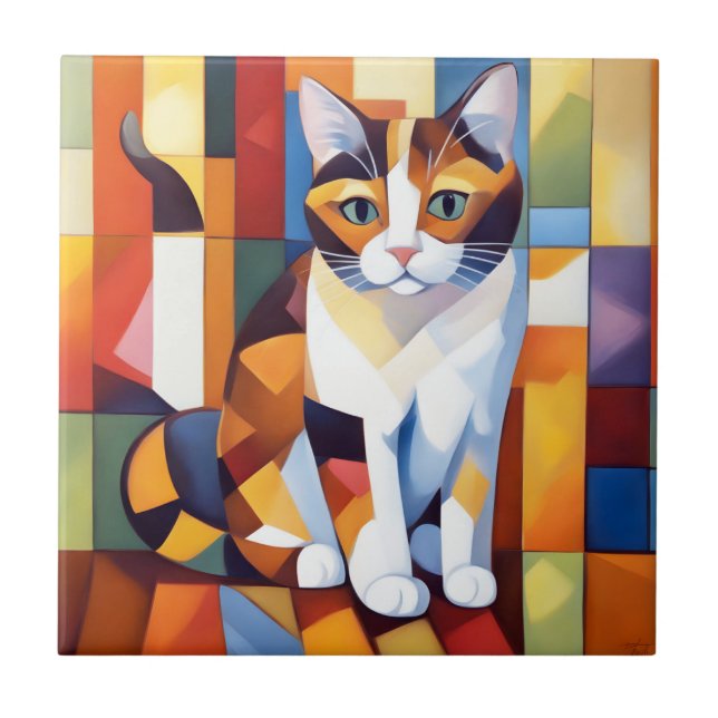 Cubist Calico Cat Art Tile (Front)