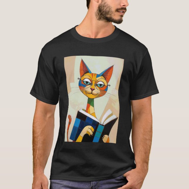 Cubist Cat Reader Boho Bookish Art T-Shirt (Front)