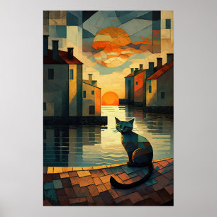 Cubist Cat: Sunset on Venetian Waters Poster