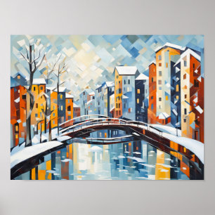Cubist Cityscape with Snowy Canal Poster