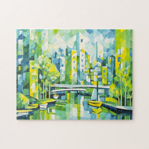 Cubist Green City with Bridge Jigsaw Puzzle