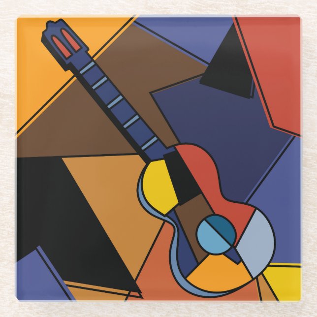 Cubist Guitar Surrealism Painting. Glass Coaster (Front)