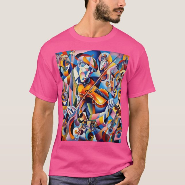 Cubist Melody: Violinist's Colourful Expression T-Shirt (Front)