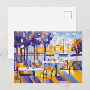 Cubist Outdoor Cafe with Tables Postcard