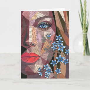 Cubist Vintage Text Female Face and Forget-Me-Not Card