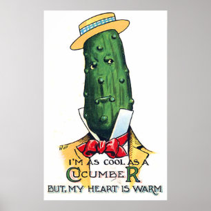 Cucumber cartoon with love message, funny vintage poster