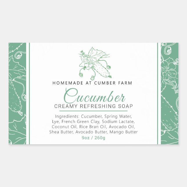 Cucumber cold pressed soap green white rectangular sticker (Front)