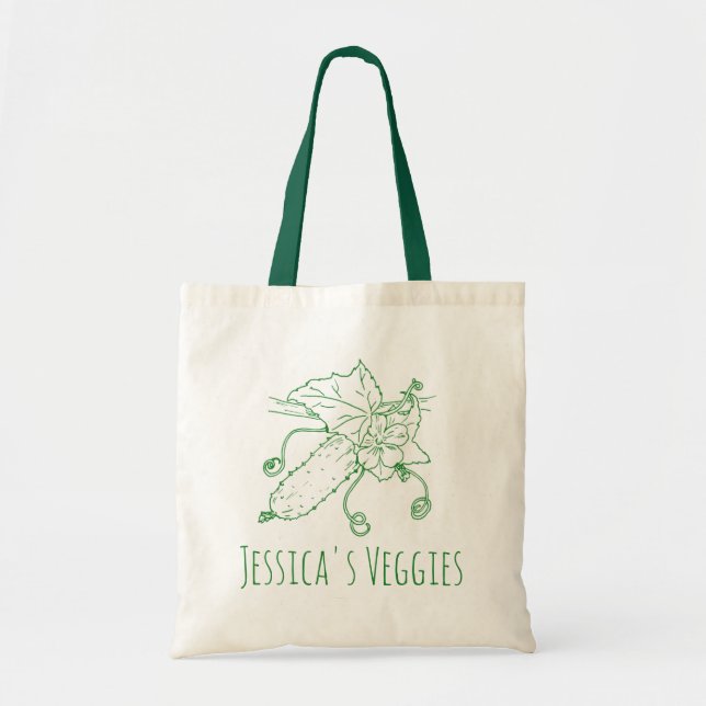 Cucumber line art green and white veggies tote bag (Front)