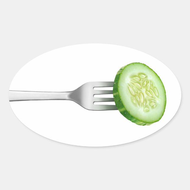 Cucumber slice on a fork oval sticker (Front)