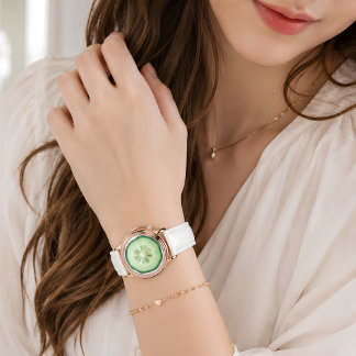 Cucumber Slice Rose Gold White Leather Watch