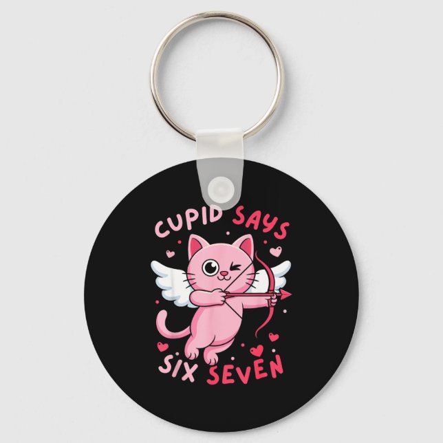 Cud Says 67 Six Seven Meme Cute Cat Valentine's Da Key Ring (Front)