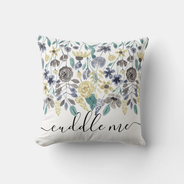 Cuddle Me Modern Grey Yellow Floral Watercolor Cushion (Front)