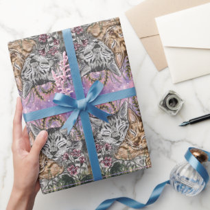 Cuddling Cats in Garden Bliss Watercolour Art Wrapping Paper