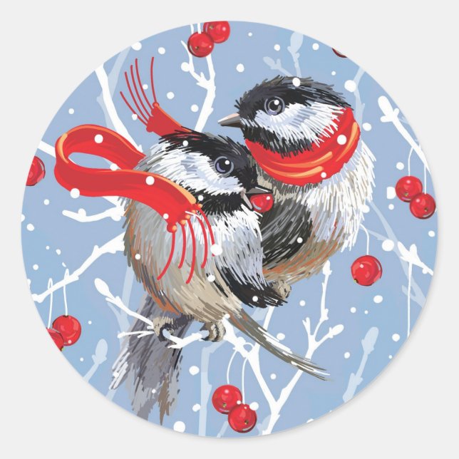 Cuddling Chickadees Christmas Classic Round Sticker (Front)
