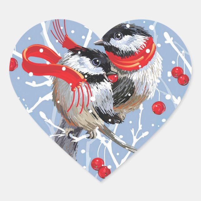Cuddling Chickadees Love Christmas Heart Sticker (Front)