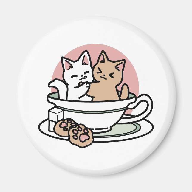 Cuddling Kitties in a Cup - Adorable Tea Time Magnet (Front)