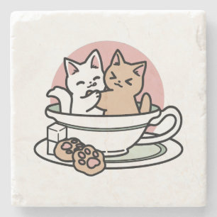 Cuddling Kitties in a Cup - Adorable Tea Time Stone Coaster