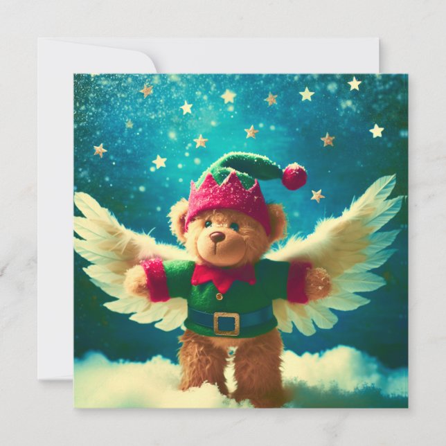 cuddly bear with wings of starry sky holiday card (Front)