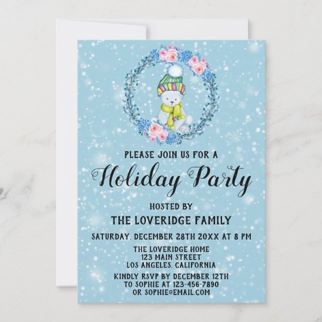 Cuddly Bear Wreath Xmas Holiday Party Blue Snow Invitation (Front)