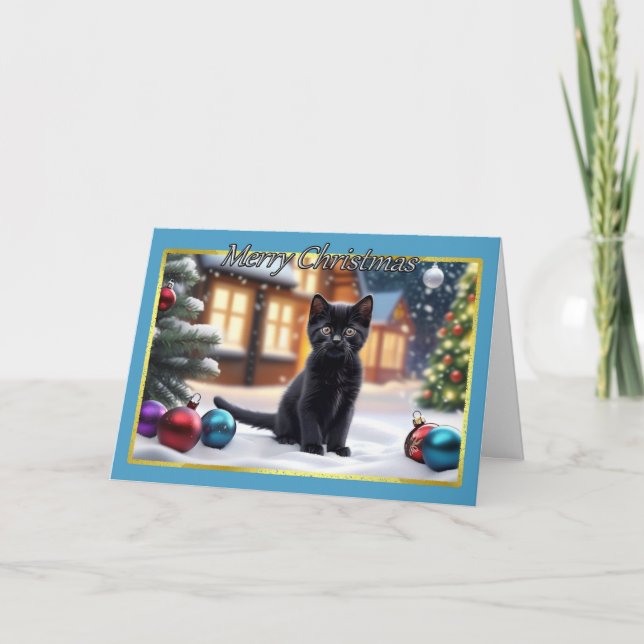 Cuddly Black Kitten Christmas Card (Front)