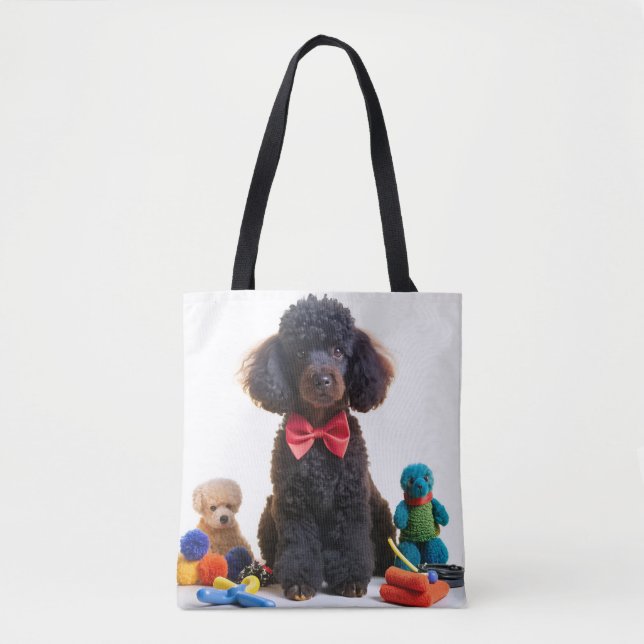 Cuddly Black Poodle Chenille Tote Bag (Front)